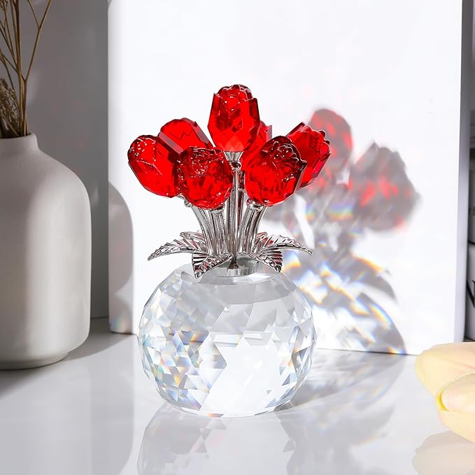 Arikyrist Crystal Red Rose Bouquet Figurine with Round Vase, Glass Rose Flower Romantic Gifts for Women Mom on Birthday, Collectible Decoration Table Centerpiece for Home