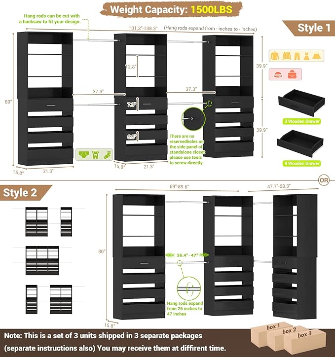 Aheaplus Closet System with 12 Drawers, 8.5-11.5Ft Wood Closet Organizer System with 4 Hanging Rods & 3 Towers, 4Ft & 6Ft L-Shaped Walk-in Closets Wardrobe Organizer Clothes Rack, Set of 3, Black1