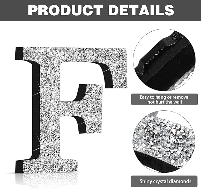 Qunclay 8'' Silver Crystal Diamond Bling Letters Crushed Diamond Decoration Wooden Glitter Letter with Screw and Hooks Rhinestone Gift for Wedding Y2k Mcbling Bedroom Wall Decor (Letter F)
