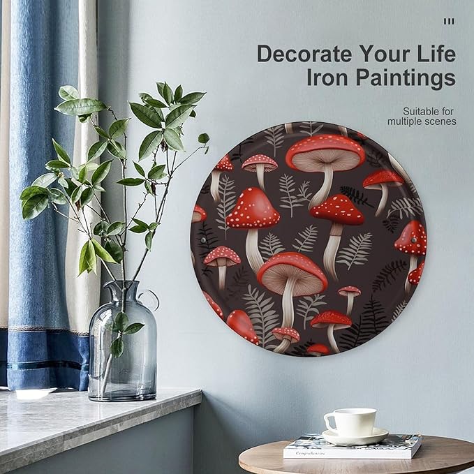 Wall Picture, with Red Mushrooms Printed Circular Iron Hanging Picture,Wall Art Decor,Home for Bedroom Living Room Bathroom Decor,Iron Painting 11.8X11.8 in