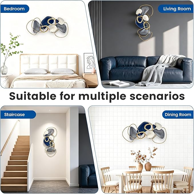 SHERBECK 3D Metal Wall Art Decor Blue Pebble Wall Sculptures Hanging Ornament Modern Abstract for Bedroom Living Room Sofa Background Home Office Kitchen Gold 41.3" L × 19.7" W