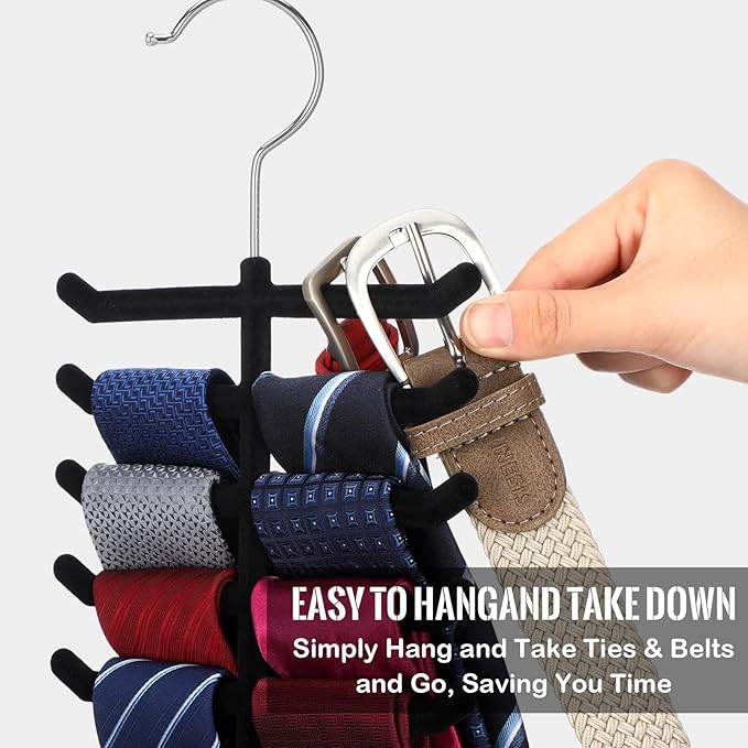 Kathfly 8 Pcs Non-Slip Velvet Tie Hanger for Closet, 360 Degree Swivel Space Saving Tie Rack Organizer for Men Bulk, Necktie Belt and Scarves Hanger for Closet, Black Flocked