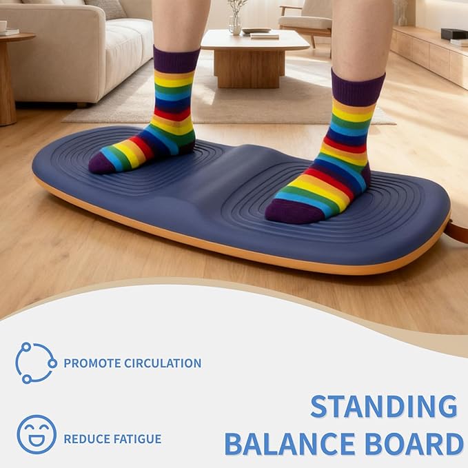 Ergonomic Wooden Balance Board, Anti-Fatigue Wobble Board, Anti-Slip Balance Board with PU Cushioned Top, Standing Desk Mats, Rocker Board, Office Accessories, Blue