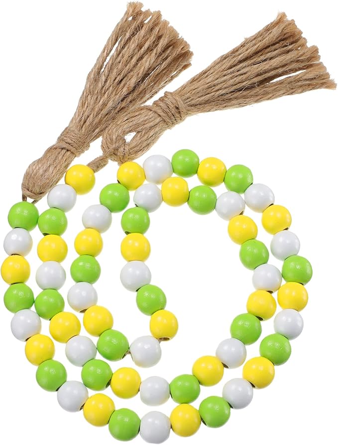 Equsion Seasonal Wooden Bead Garland with Tassels, 3.3 ft Holiday Vintage Boho Bead Garland Easter Tray Decoration, Vase Wall Room Art Birthday Party Decoration(Lemon Color)