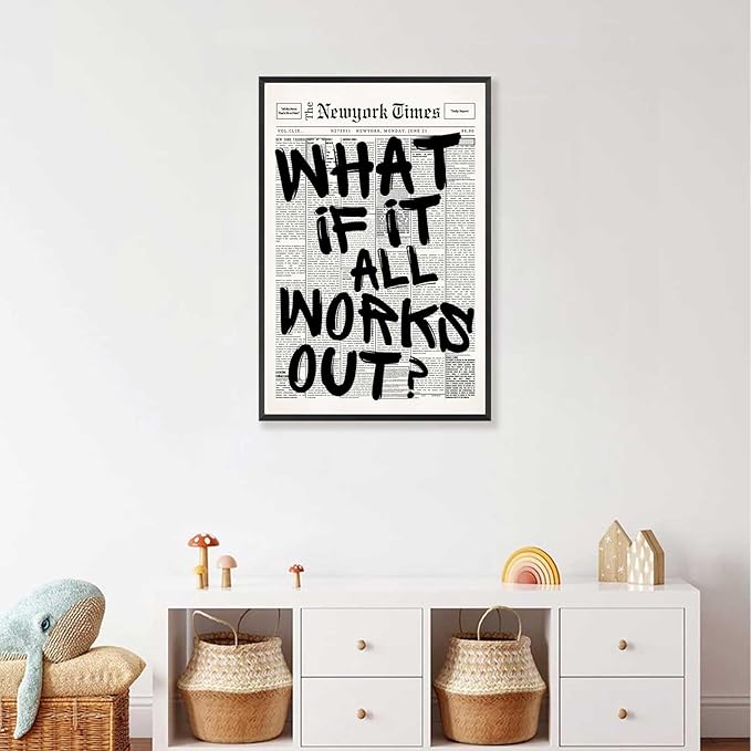 Retro Black And White Newspaper Poster What If It All Works Out Canvas Wall Art Positive Affirming Quote Minimalist Prints Painting For Home Bedroom Dorm Wall Decor 8x12in Framed