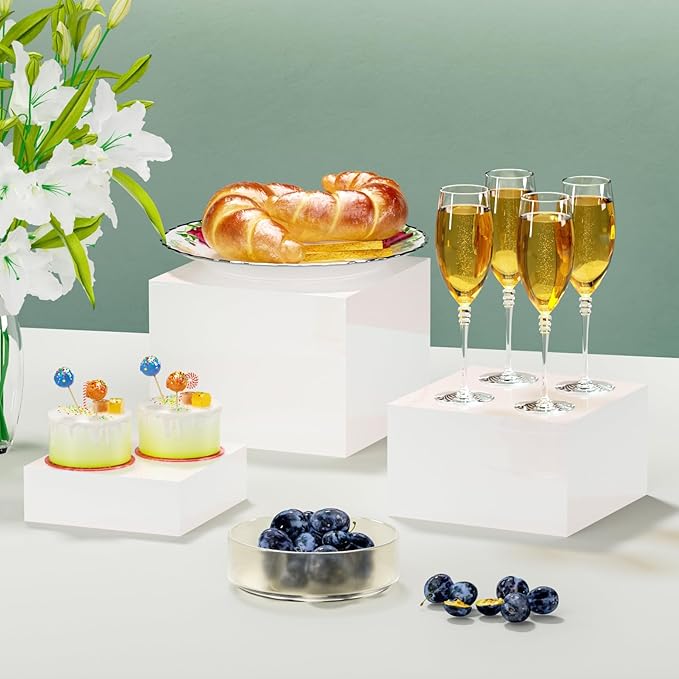6pcs White Acrylic Food Display Risers Stands, Desert (Dessert) Risers, Buffet Display Stands, Acrylic Stands for Display, White Acrylic Boxes for Display - Dessert Buffet Displays, Party Wedding Cake Risers, Elevator Riser Decor, Food Risers for Decor...