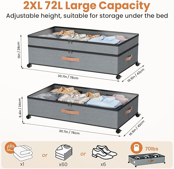 Under Bed Storage with Wheels, 72L XXL Under the Bed Storage Containers Large, 10‘’ Tall Adjustable Storage for Underbed with Lids, Rolling for Shoes, Clothes, Blankets, Grey