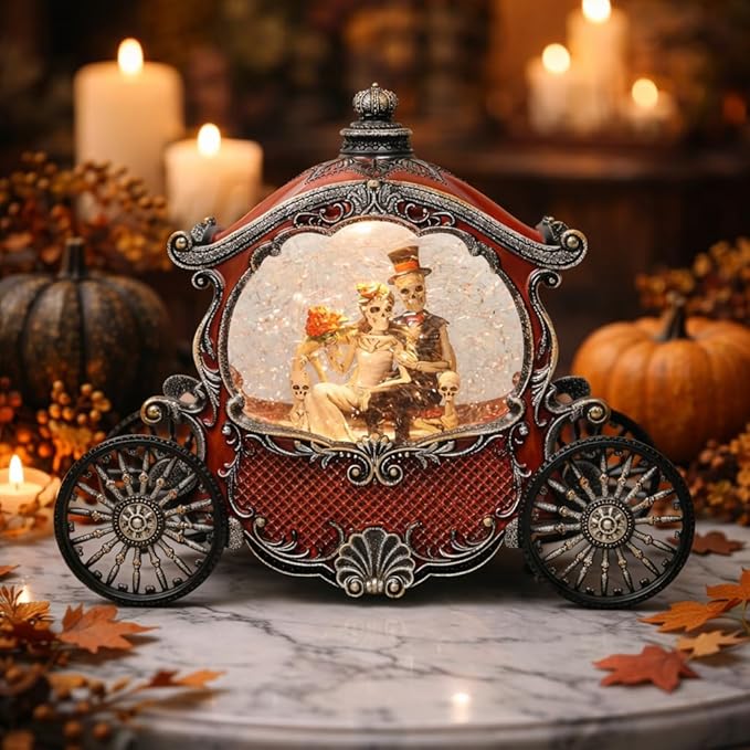 Midnight Manor Halloween Water Globe Carriage LED Lighted Snow Globe Lamp Spooky Wedding Skeleton Decor Acrylic Glitter Water Lantern Battery Operated Fall Indoor Decoration