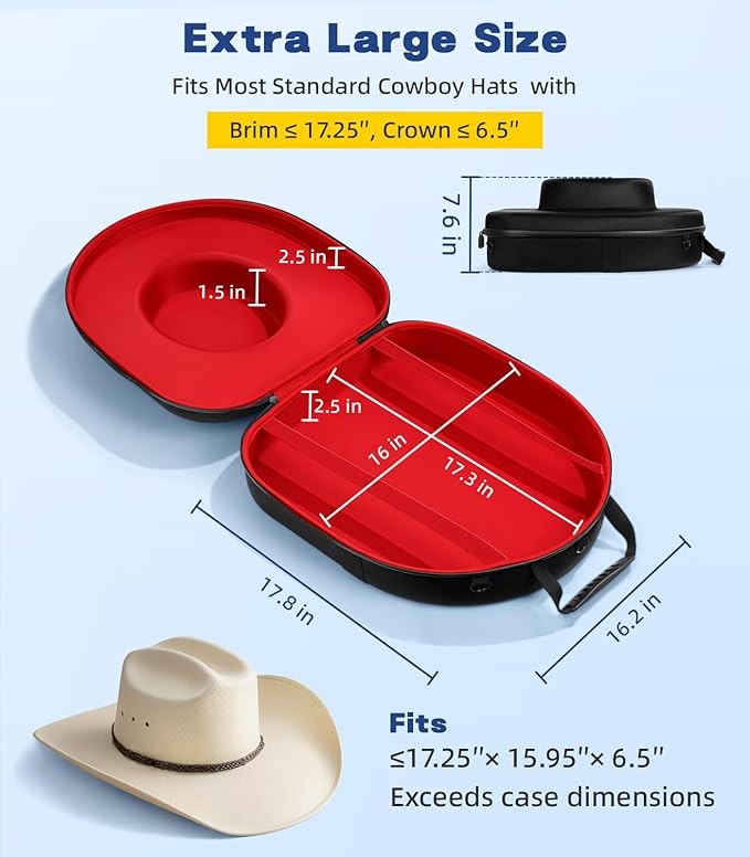 Hat Case for Cowboy Travel Extra Large, Waterproof Hard Box Can Storage for Fedora Panama Tweed Cap Holder Organizer Carrier with Adjustable Carry Strap, Men's Western Gifts, Large Red Interior