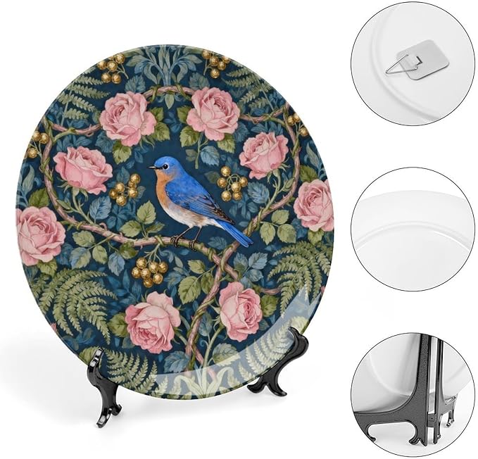 William Morris Forest Rose And Blue Birds Decorative Plate of 6", 7", 8", 10", Custom Christmas Ceramic Display Plate, Custom Gifts, Art Decoration Farmhouse Decorations Club, with Display Stand