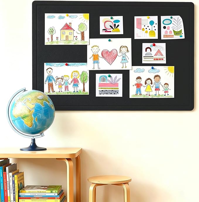 Cork Board Alternative, Decorative Foldable Felt Bulletin Board 24 * 16 Inches, Alternative Photo Board Self-Adhesive Vision Board, Decorative Pin Board (Rectangle Black)