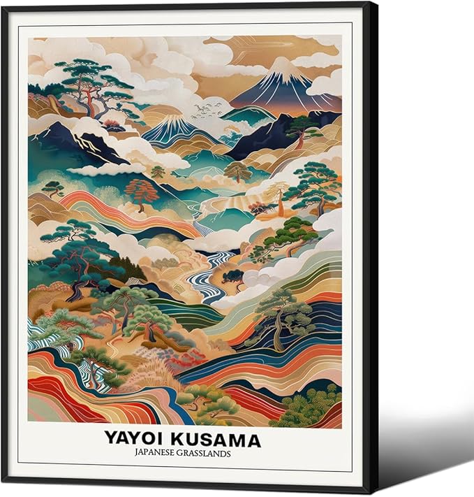 Vintage Yayoi Kusama Grasslands Posters Japanese Wall Art Yayoi Kusama Abstract Landscape Canvas Print for Stylish Room Bedroom Living Room Gallery Decor 8x10in Black Framed