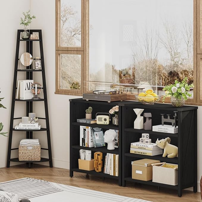 BON AUGURE 5-Tier Corner Shelf, Industrial Tall Corner Bookshelf for Living Room, Narrow Ladder Bookcase with Metal Frame, Rustic Wood Corner Plant Stand for Small Space, Home Office, Black Oak