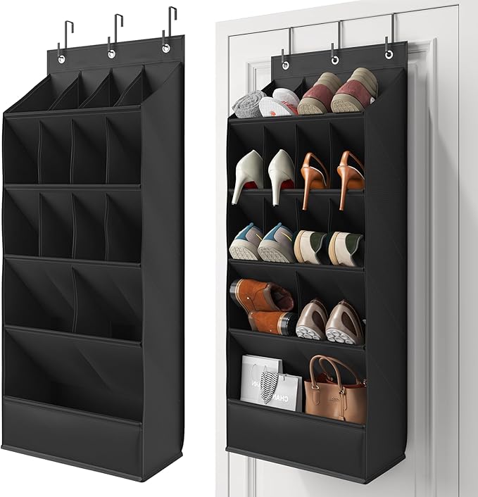 15 Pockets Over the Door Shoe Organizer, Shoe Rack for Closet Door with Large Breathable Pockets, Hanging Shoes Rack for Boots Size, Behind the Door Organizer Shoe Holder for Flexible Storage, Black