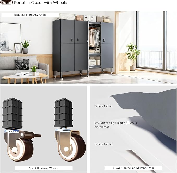 Heavy Duty Portable Closet with Cover Magnetic Doors, Metal Rolling Clothes Rack Heavy Duty 1500LBS, Foldable Clothing Rack, Garment Racks for Bedroom/LivingRoom/Rental (KT Grey, 74.8in)