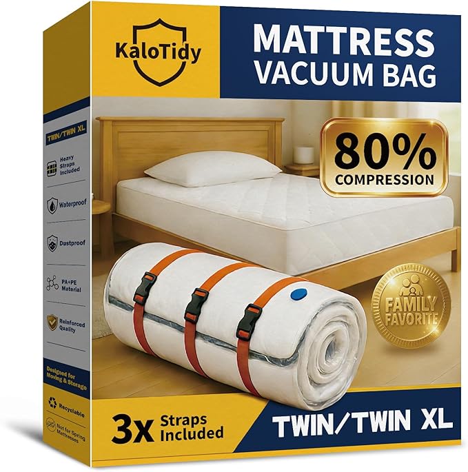 Memory Foam Mattress Vacuum Bag, Heavy-Duty Mattress Storage Bag for Moving and Transport, Mattress Compression Bag with Straps & Dual-Zip Seal (Orange Straps, Twin/Twin XL)