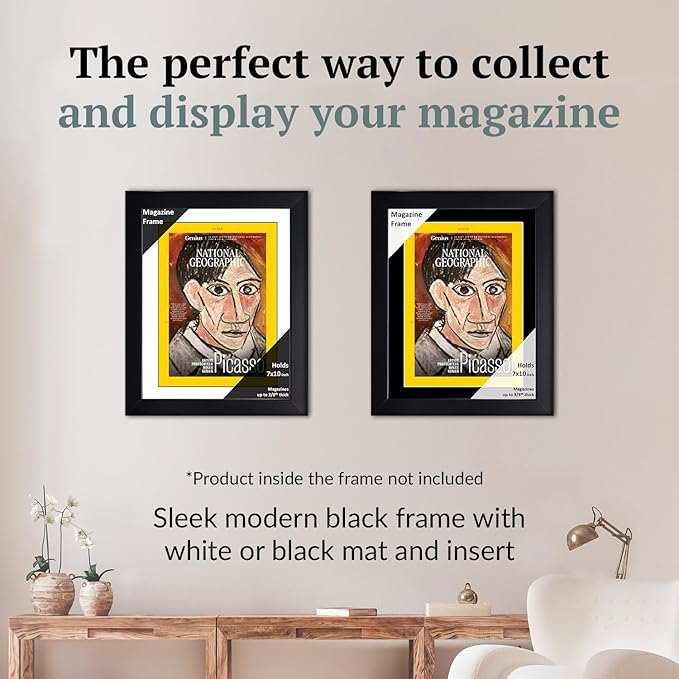 Creative Picture Frames 7 x 10 Magazine National Geographic Frame with Full-Strength Glass, Holds Up To A 1/4" Thick Media with Installed Hangers for Easy Mounting, 8x12 Black Frame with White Mat