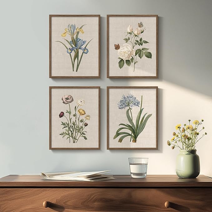 Framed Botanical Wall Art for Bathroom, 4 Piece Vintage Floral Canvas Painting Prints Artwork Farmhouse Wall Decor, Rustic Flower Butterfly Pictures for Bedroom Kitchen Hallway Home Decor, 8x10 Inch