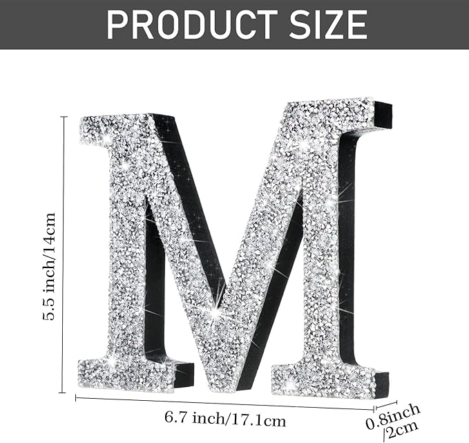 Qunclay 5.7" Silver Crystal Diamond Bling Letters Crushed Diamond Decoration Wooden Glitter Letter with Screw and Hooks Rhinestone Gift for Wedding Y2k Mcbling Bedroom Wall Decor (Letter M)