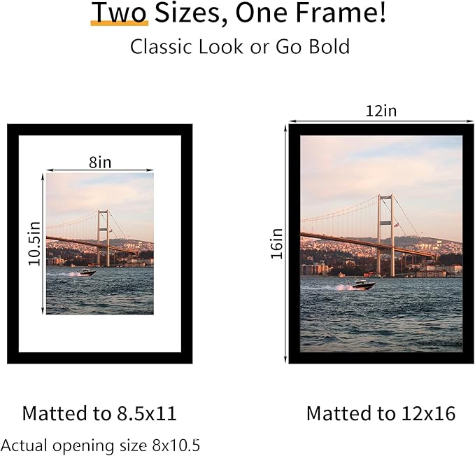 12x16 Picture Frame 3 Pack - Black Poster Frame Display Pictures 8.5x11 with Mat or 12 x 16 Without Mat for Wall Hanging Horizontal and Vertical