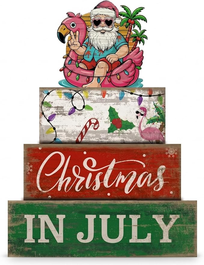 Lineshading 4 Pcs Summer Christmas in July Wooden Table Decoration Tropical Christmas Tiered Tray Decor Santa Claus Flamingo Beach Party Supplies Xmas Table Centerpiece Sets for Shelf Home Office