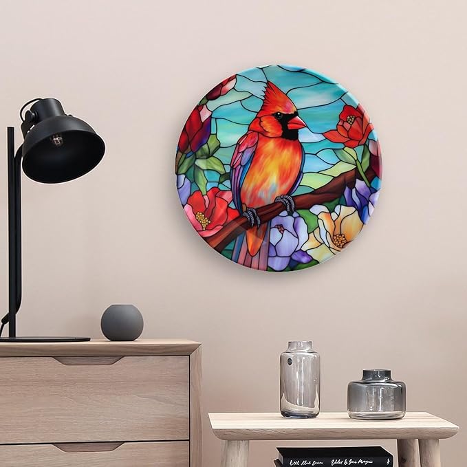 Decorative Plates, Winter Bird Stained Glass Design Ceramic Dinner Plate Home Wobble-Plate with Display Stand, Wall Hanging Decor for Dining Room Kitchen Household 10 Inch, Gifts for Loss of Loved