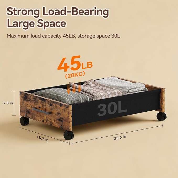 Under Bed Storage with Wheels, Wooden Under Bed Drawers On Wheels, Rolling Under Bed Shoe Storage, Space Saving, Rustic Brown,30L