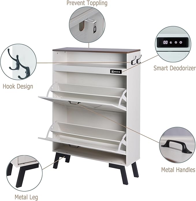 TaoHFE Deodorizing Shoe Organizer Cabinet Storage for Entryway,Shoe Cabinet Storage with 2 Flip Drawers,White Fluted Shoe Cabinet with Air-Purifier,Farmhouse Hidden Cabinet