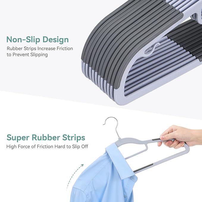 Heavy Duty Hangers 30 Pack, Plastic Clothes Hangers Non-Slip, 0.2'' Slim, 360° Swivel Hook, 16.5 Inches Wide, Thin Space Saving Hangers for Suit, Shirt & Pants, Light and Dark Gray