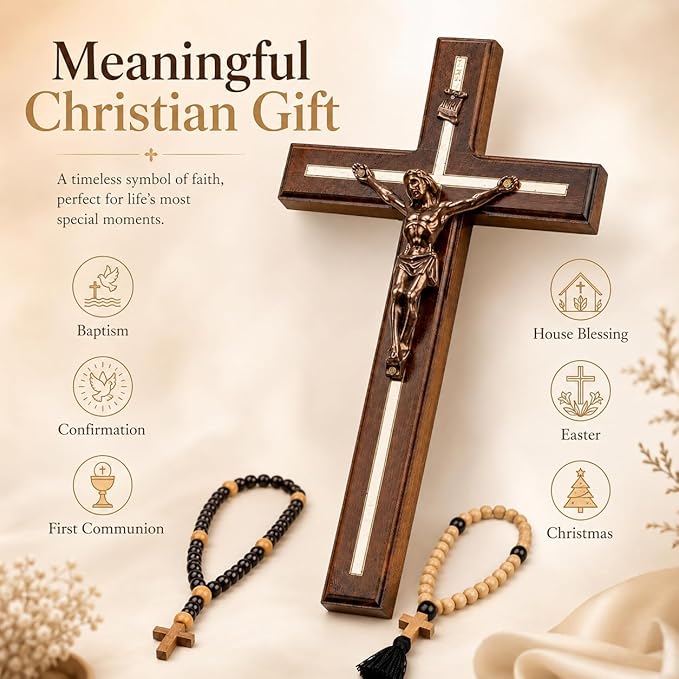 Woodvio Handmade Wooden Wall Cross with Metal Jesus Corpus, Traditional Catholic Crucifix for Wall, Christian Religious Gift with 2 Wooden Rosaries