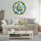 [Lighted & Timer] 24" Spring Summer Wreaths for Front Door Blue Hydrangea Wreath with Lights Butterfly Rose Daisies Artificial Floral Wreath for Home Wall Window Farmhouse Wedding Indoor Outdoor Decor