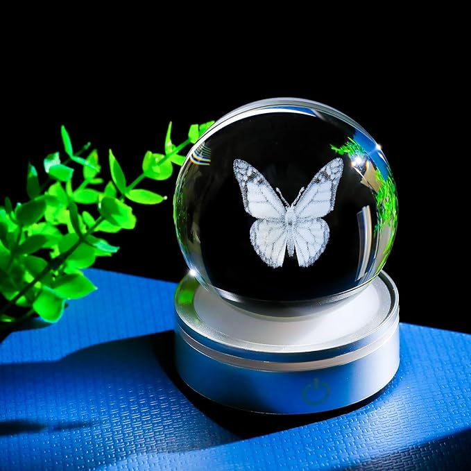 Movdyka 3D Crystal Ball Figurine Butterfly Gifts for Women Men Decorations Night Light, Laser Engraved Butterfly Ornament Glass Snow Globe Room Art Decor Crafts
