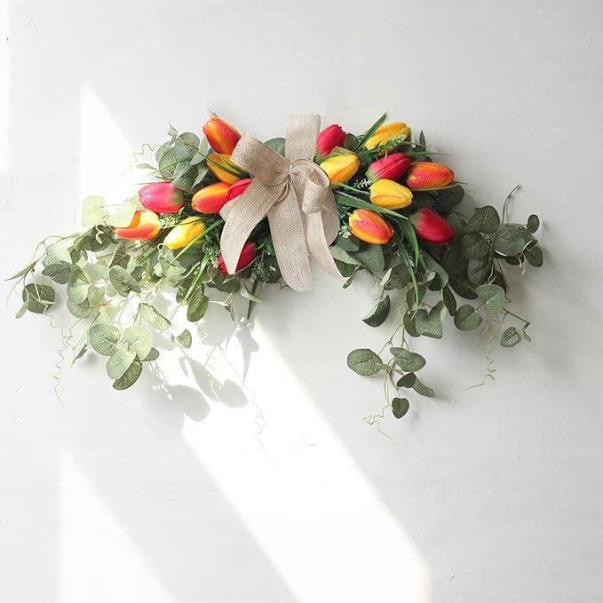 Artificial Tulip Flower Swag, 29.5in Decorative Swag with Fake Tulip Green Leaves Front Door Wreaths with Bow Rustic Artificial Floral Swag for Wedding Home Decor
