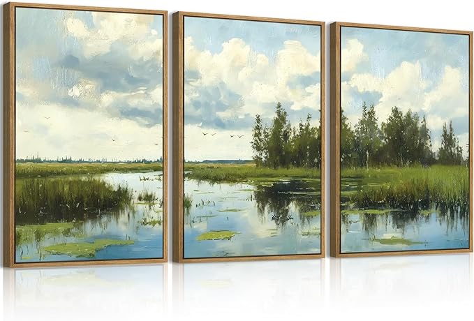 BINCUE Framed Green Nature Wall Art Lake Scenery Wall Decor Landscape Art Print Green Nature Landscape Artwork Green Plants Wall Pictures for Living Room Bedroom Office Farmhouse 16 x24 Inches Set of 3 Gift