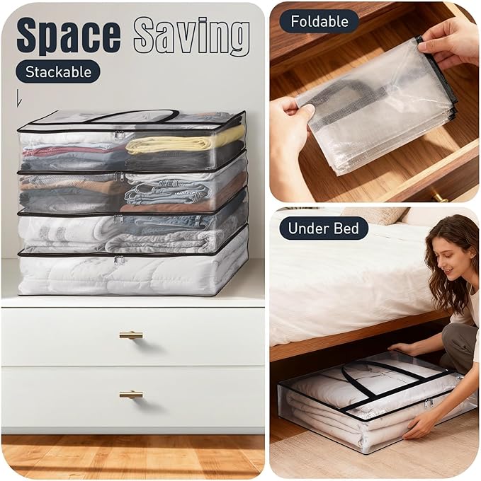 Clear Under Bed Storage Containers - 4 Pack Large Capacity Clothes Storage Bags with Lid & Sturdy Handles, Foldable Moving Bags, Clothing Organizer Totes for Bedding, Comforter, Sheet(60 L)