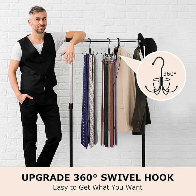 Belt Hanger, Metal Belt Rack Holder, 360° Rotatable, Maximum 24 Storage Capacity, Black, 2 Pcs