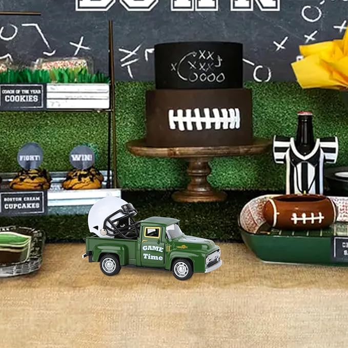 Football Mini Metal Truck Farmhouse Vintage Vintage Metal Farm Pickup Truck Decor with Football Helmet Farmhouse Rustic Pickup Tiered Tray Decor for Home Shelf Table Center Decor (Green)