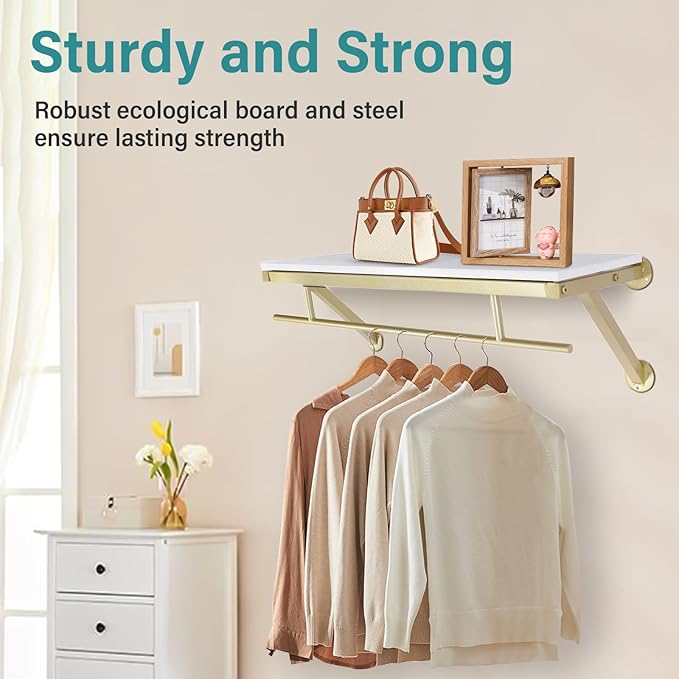 Shelf with Hanging Rod, Gold Closet Rod, Gold Closet Shelf with Hanging Rod, Clothes Rack with Top Shelves, Loads up to 88 lb, for Home, Clothing Store
