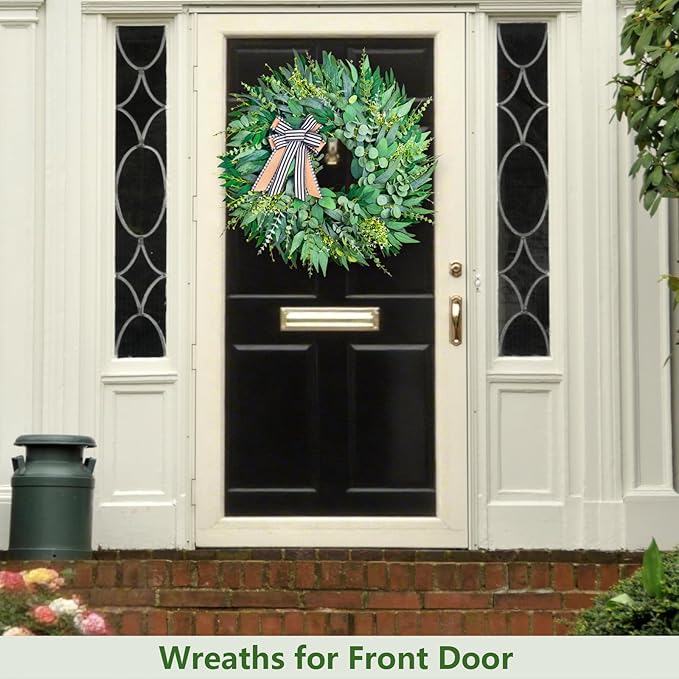 26 Inch Large Eucalyptus Wreath for Front Door Year Round, Spring Summer Greenery Farmhouse Wreath with Detachable Bow, Everyday Home Decor Used for Front Door Wall Porch