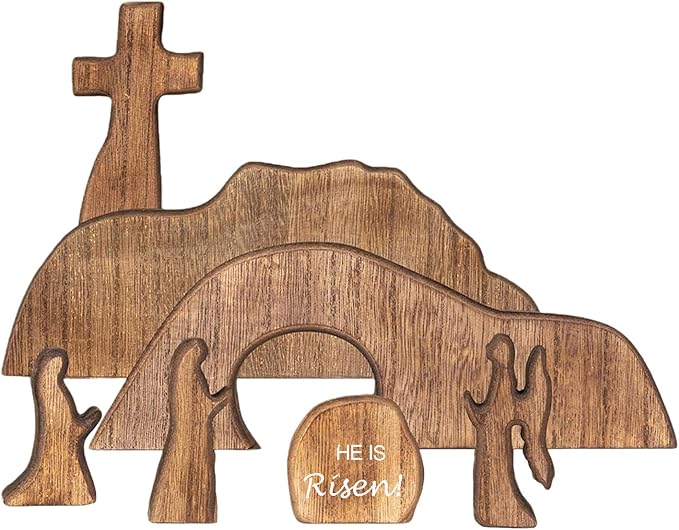 【He is Risen】Wooden Easter Resurrection Scene Cross Jesus Tomb Tray Set, Empty Tomb Easter Scene and Cross Decoration,Jesus Nativity Scene Decor for Religious Home Office Tabletop Christian Gifts (7)