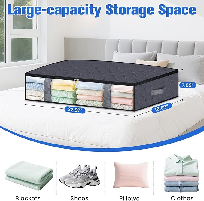 Under Bed Storage Containers, 6 Pack Blanket Storage Bags, Collapsible Storage Bags with Big Zippers, Clear Front, Shoe Storage and Organization for Clothes, Comforter, 75L, Grey