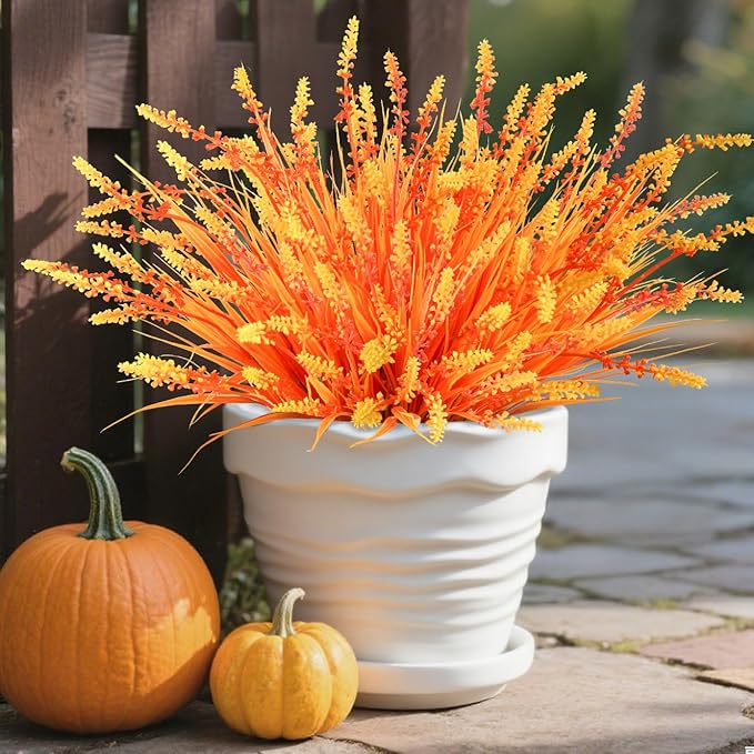 Artificial Fake Plants Flowers for Outdoors Fall Decor, 10 Bundles Fall Leaves Faux Lavender Flowers for Autumn Decoration, Fake Shrubs UV Resistant Planter for Garden Porch Balcony Home Patio Yard