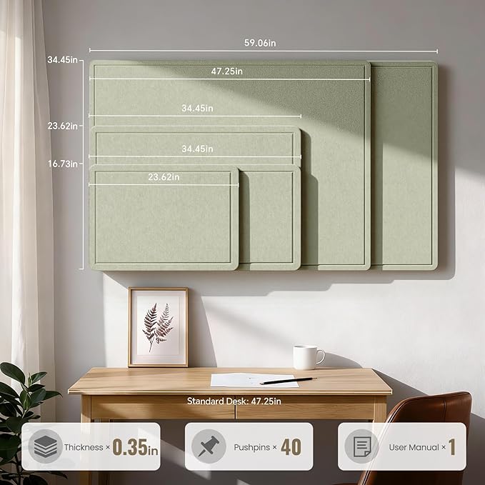 Large Bulletin Board, 24 X 17 Inches Felt Cork Board with 40 Pushpins, Foldable Felt Notice Pin Board Photo Display Board with Self-Adhesive Tape for Office Home School (Sage, 24x17 inch)