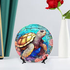 Decorative Plates, Sea Turtle Stained Glass Print Display Plate for Home Office Kitchen Table Decor Porcelain Plates 7 Inch, Gifts for Turtle Lovers