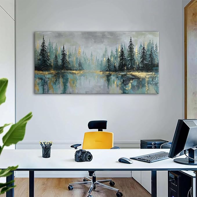 Green Forest Wall Art Vintage Fog Pine Trees Landscape Wall Decor Nature Green and Gold Forest Lake Scenery Canvas Prints Pictures Farmhouse Artwork for Kitchen Living Room Home Decorations 35x70"