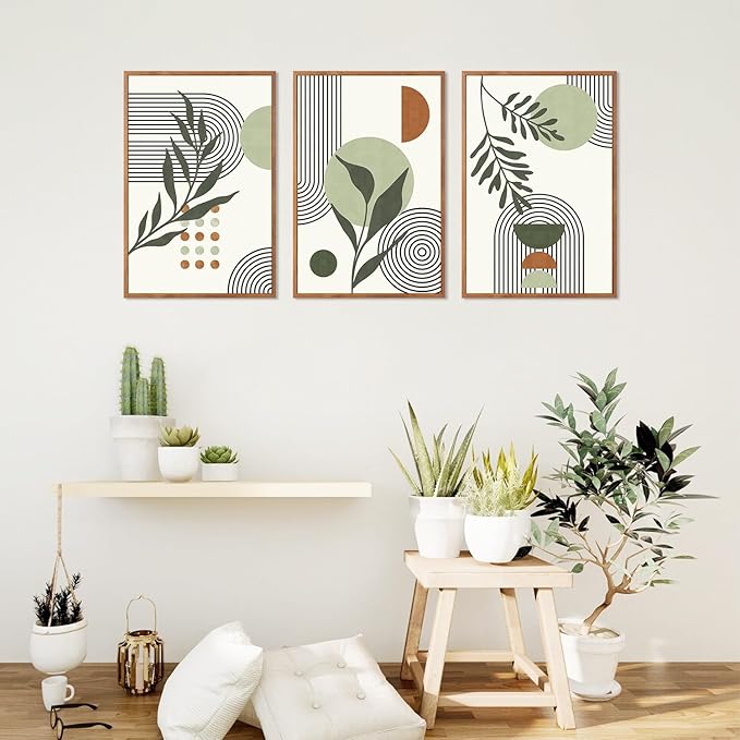KAlRNE Sage Green Boho Beige Framed Canvas Wall Art Set of 3(16”X24”),Abstract Geometric Line Leaf Wall Decor,Botanical Minimalist Neutral Art Prints For Living Room Bedroom Office