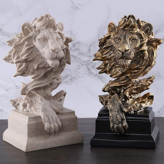 H&W Sandstone Lion - The King of Beasts - Statue Decoration for Home/Study/Living Room, Great Collectible Figurines, Best Gift for The Man, Golden Color (HH17-D2)