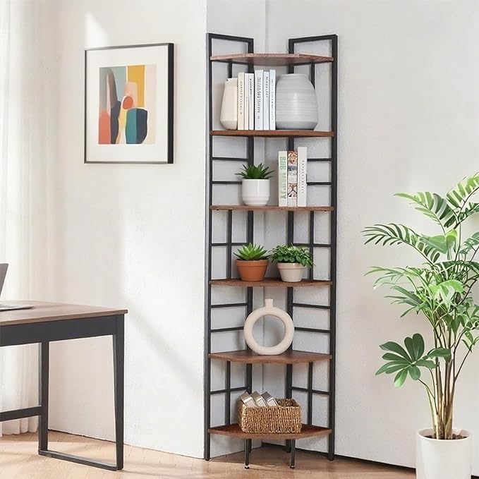 HOMISSUE Corner Shelf, 6 Tier Tall Narrow Bookshelf 76.9", Industrial Corner Bookcase with Storage for Home Office Living Room and Bedroom, Rustic Brown