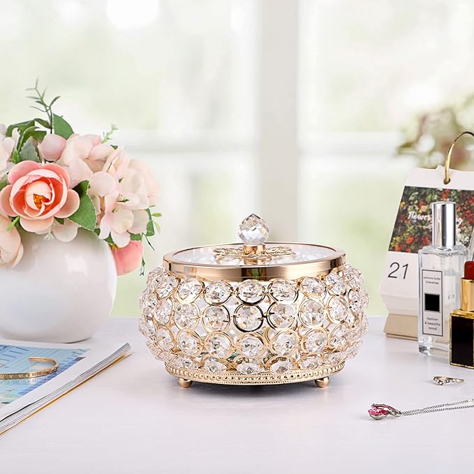 Hipiwe Crystal Jewelry Trinket Box with Glass Lid Large Gold Mirrored Treasure Box Decorative Jewelry Box Ring Earrings Necklace Storage Keepsake Box Gift for Women