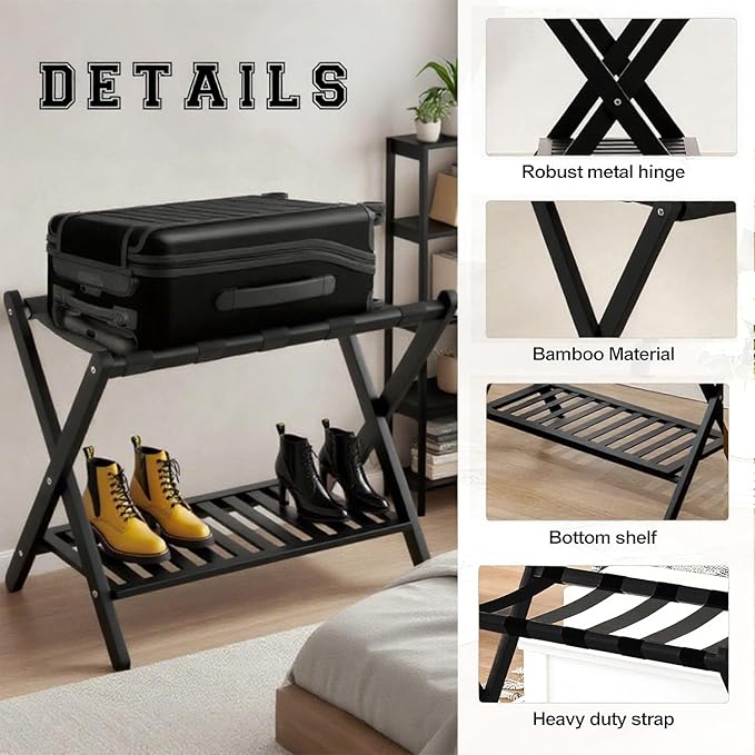 Bamboo Luggage Rack with Shoe Shelf Folding Suitcase Stand with 5 Heavy-Duty Straps for Guest Room Living Room Hotel Ideal Luggage Holder for Suitcases Bags Shoes,Black